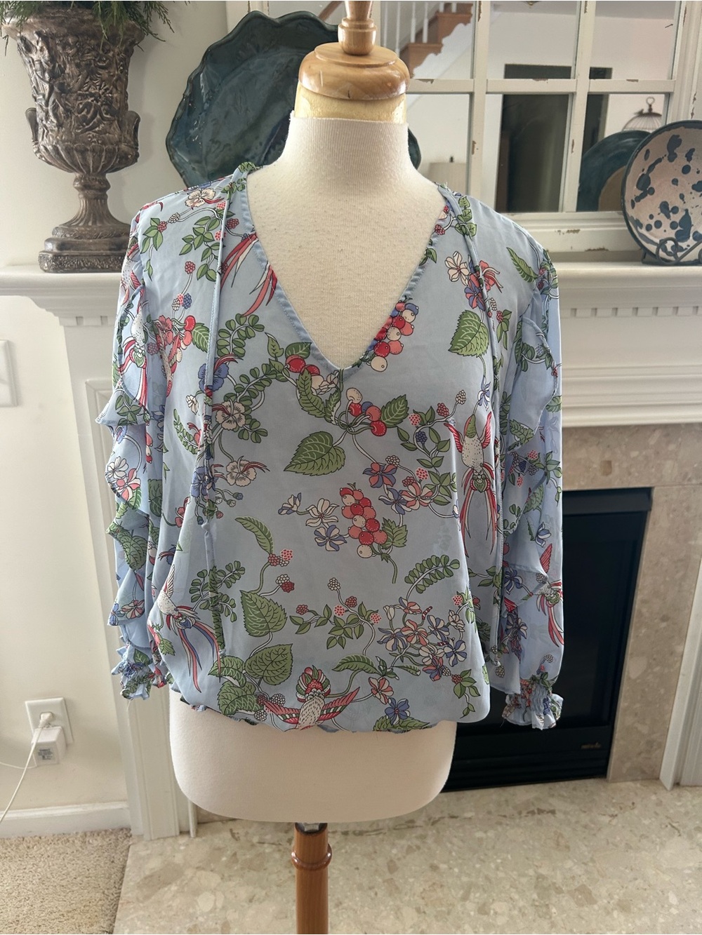 Nanette Lepore  Blue Hummingbird Floral V-Neck Ruffle Sleeve Blouse